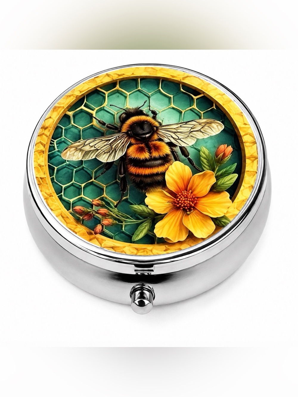 Bee Honeycomb Nature Inspired Round Pill Organizer 3-Compartment Compact Case